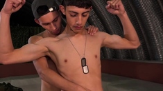 Twink military gays fuck bareback while no one is around