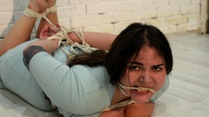 Naked BBW girl Natasha is hogtied on her bed