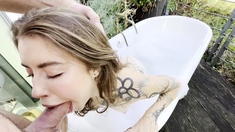 POV amateur video of redhead girl giving outdoor blowjob