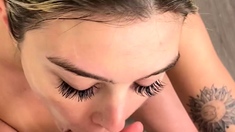 Big tit brunette sucks a big cock blowjob POV