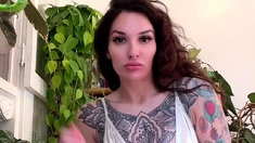Busty curly brunette with big boobs fucks on couch
