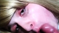 Blonde Crossdresser Swallows Huge Load from Older Man