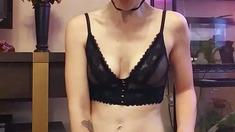 Small tit brunette amateur tugs on a big willie