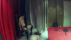 Amateur brunette in latex lingerie fucks hardcore in kitchen