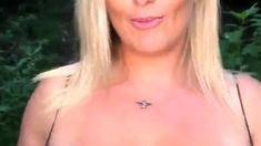 Blonde Chikita shows off her big boobs and bush