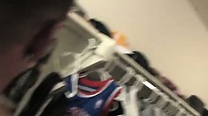 After taking care of one dick in the bathroom, she heads to the closet and handles another