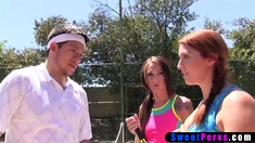 Redhead teen pleasing her coach on the tennis field